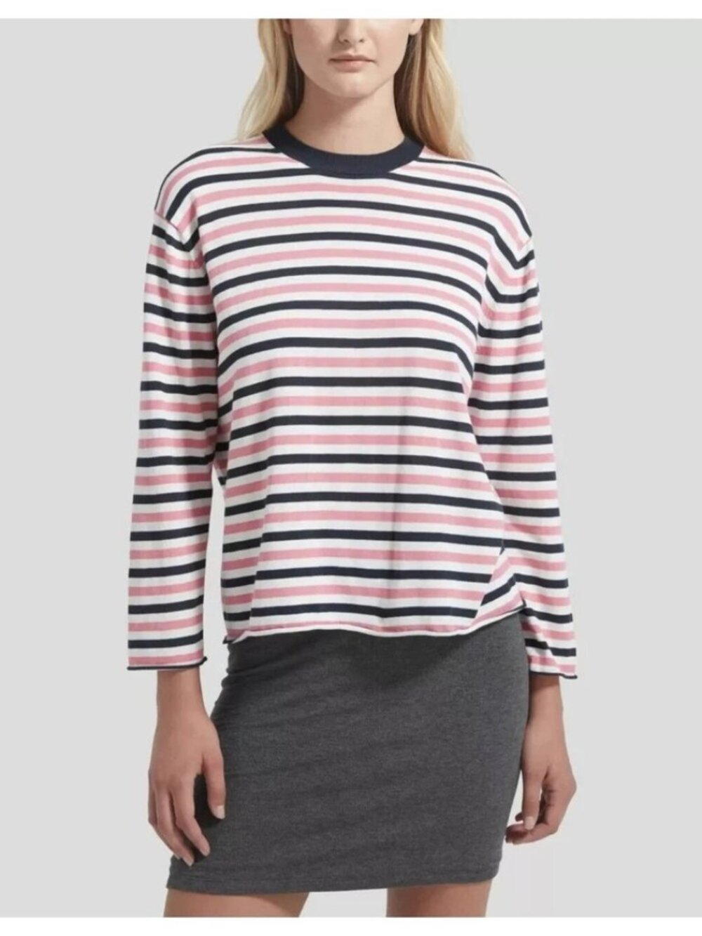 ATM Anthony Thomas Melillo Navy Pink White Striped Crew Long Sleeve Top Size L